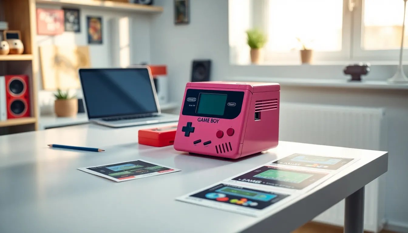 Game Boy Printer on a modern desk with retro gaming images.