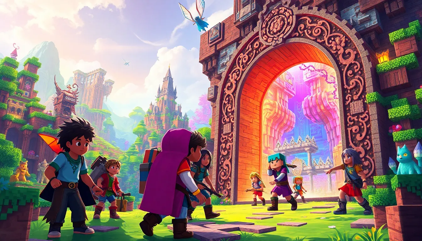 diverse players exploring a fantasy landscape in Minecraft.