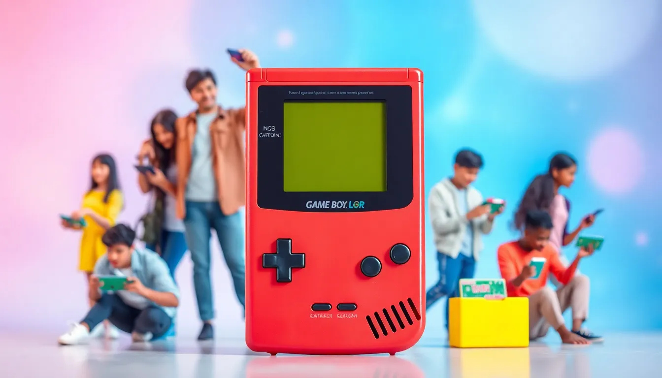 A vibrant Game Boy Color with diverse gamers in a playful setting.