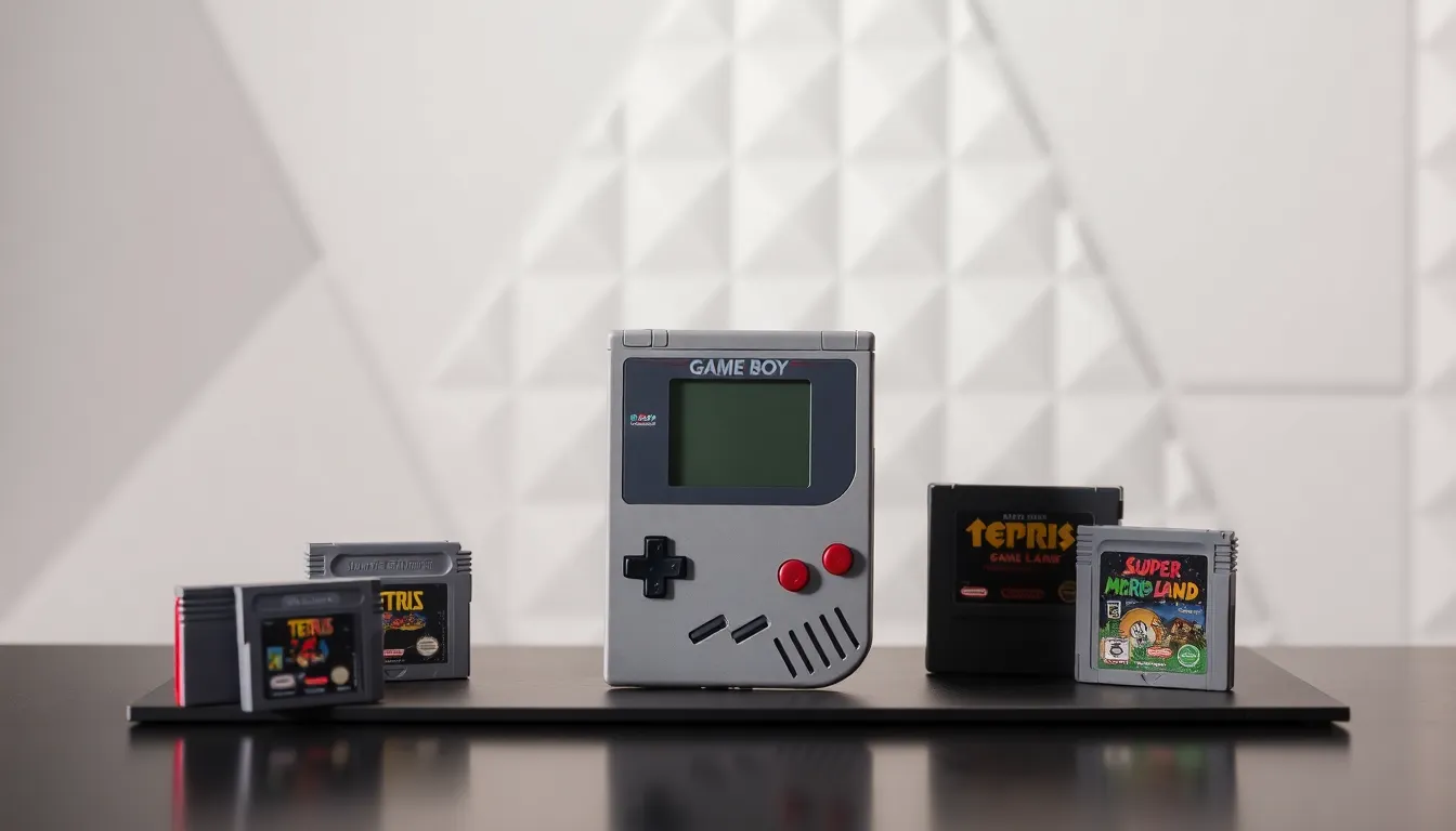 original Game Boy displayed with nostalgic game cartridges.