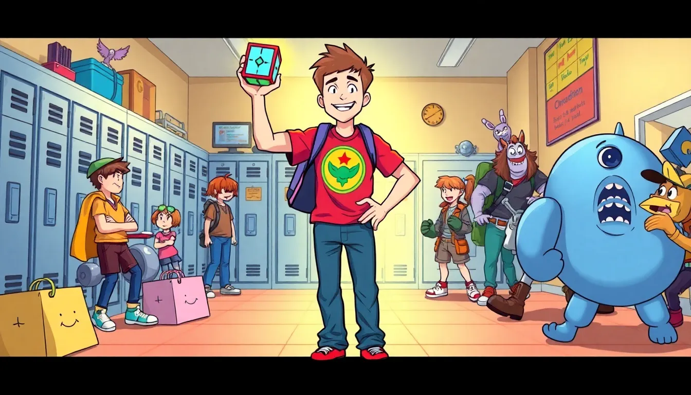 Marty and friends in a colorful cartoon-inspired school setting.