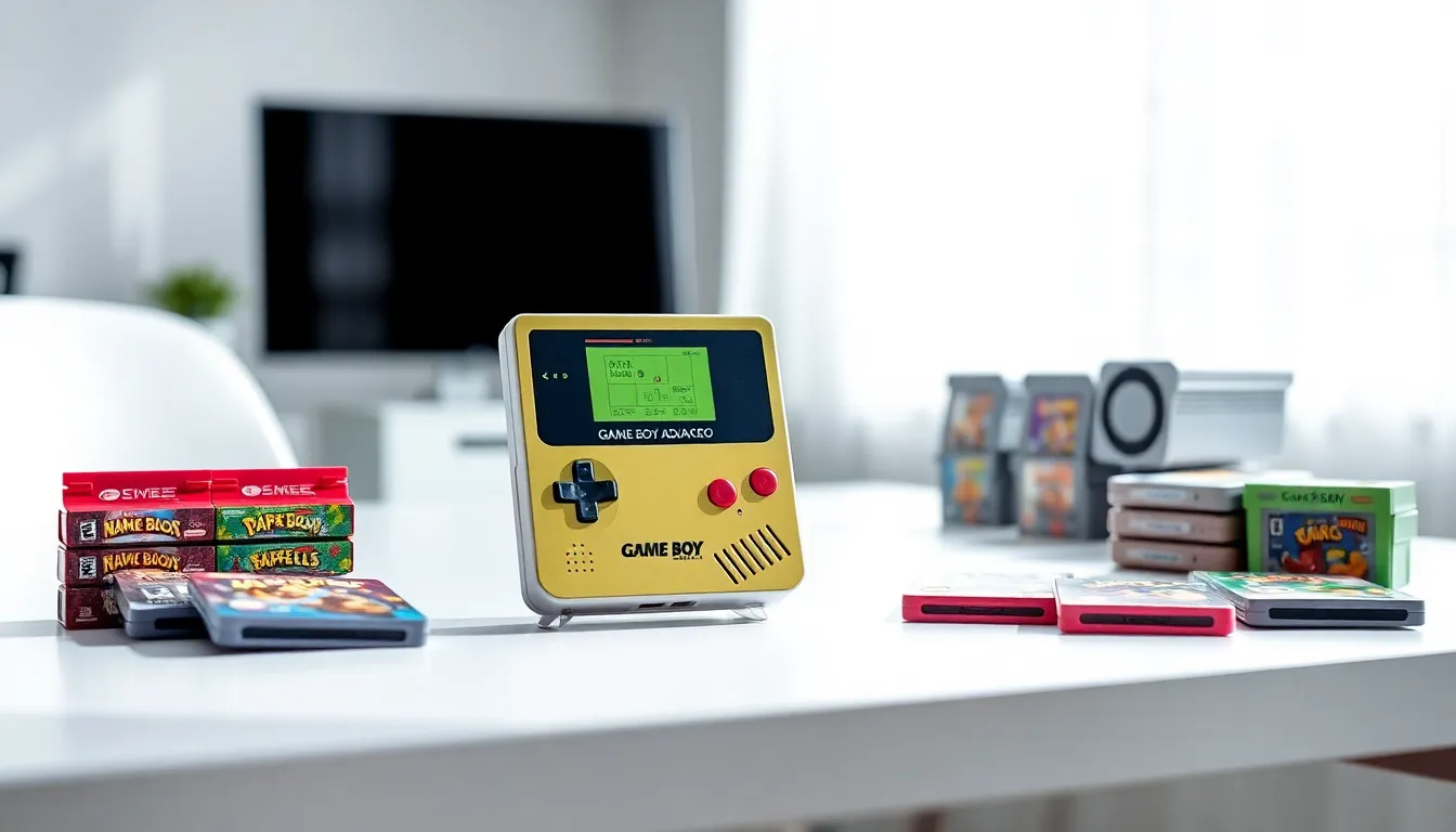 Game Boy Macro on a sleek desk with colorful GBA game cartridges.