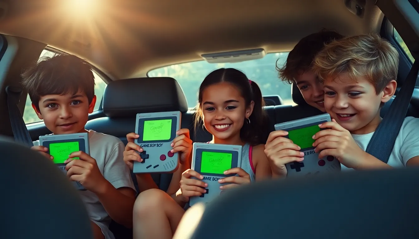 children playing Game Boy DMG in a car.