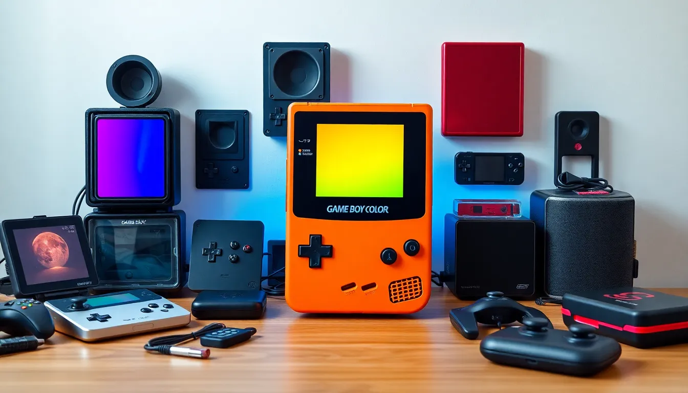 Game Boy Color with various stylish accessories in a modern gaming setup.