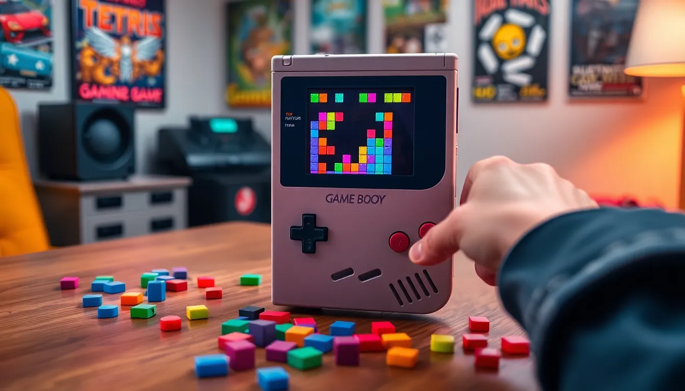 Game Boy displaying Tetris in a nostalgic gaming setting.