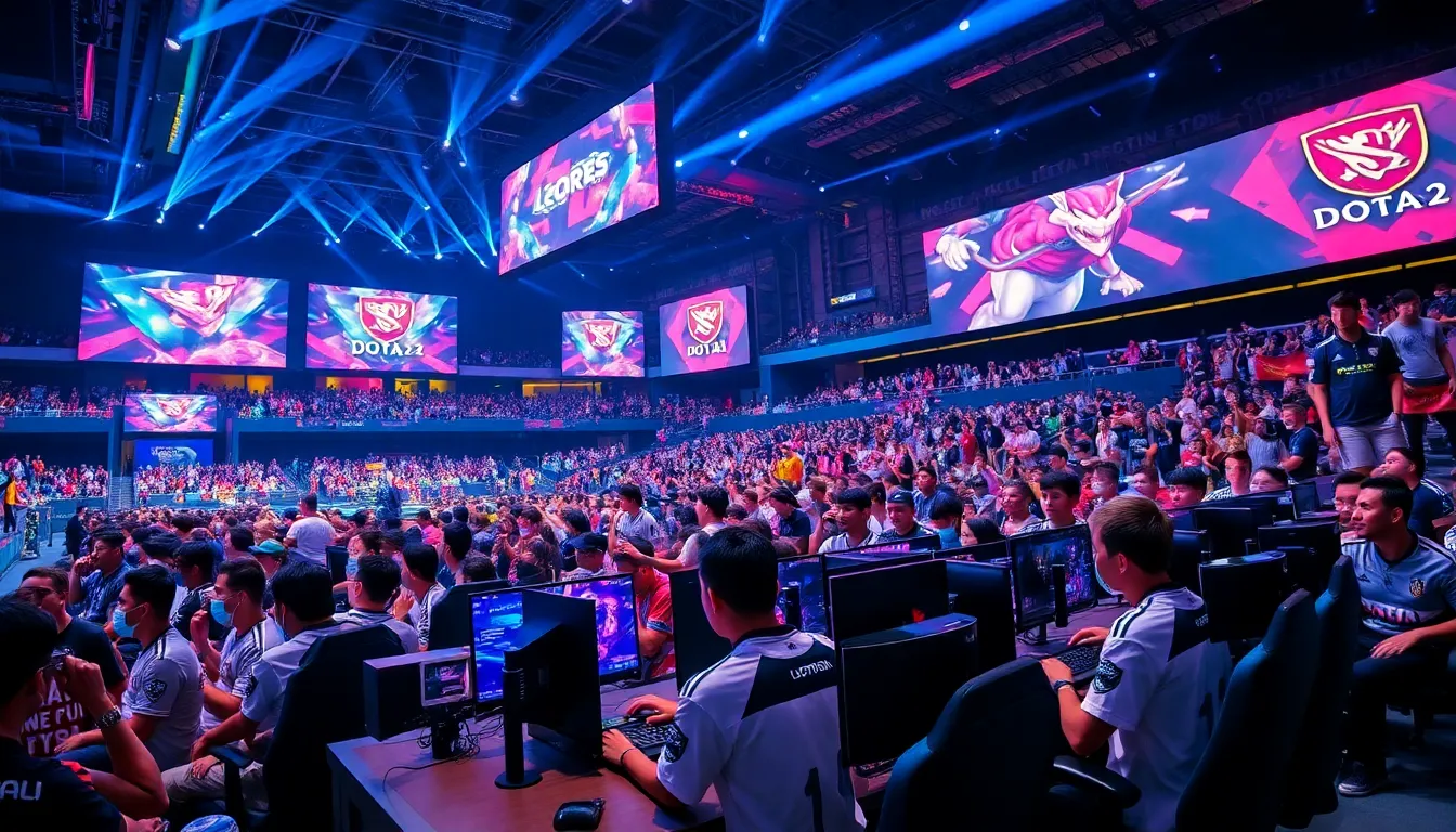 esports tournament scene with teams and excited fans in a large arena.