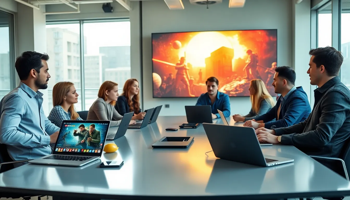diverse team discussing latest gaming news in a modern office.